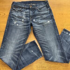 True Religion Premium Geno Relaxed 33x32 Med Wash Distressed Jeans Flap Pockets